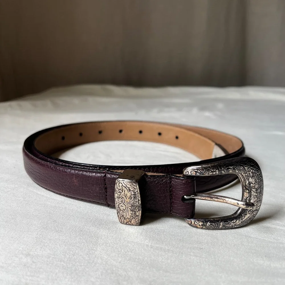 Vintage Full Grain Cowhide Leather Belt Engraved Silver Buckle Western Size 36